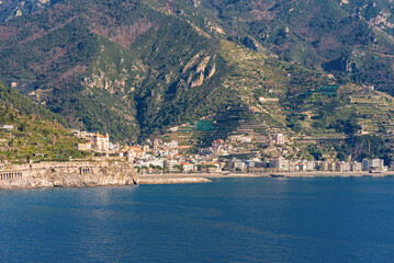View of the tourist resort and small town of Maiori, a popular tourist resort since Roman times, with the longest uninterrupted stretch of beach on the Amalfi Coast.
