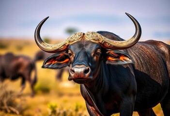 Fototapeta premium A majestic African buffalo, horns prominent, stands in the wild; blurred savannah background, powerful animal, powerful