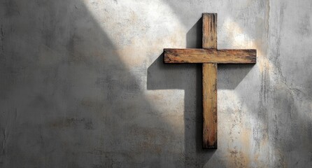 Wooden Cross on Concrete Wall with Light and Shadow Spirituality Concept