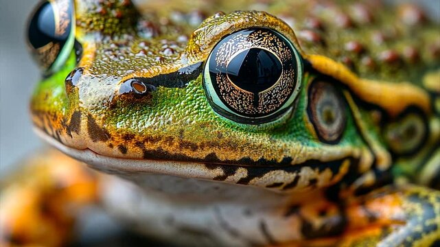 Close-up of a vibrant frog resting on a rock with blurred greenery behind