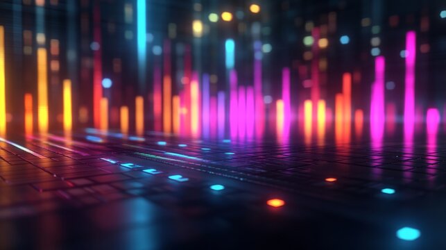 A futuristic 3D equalizer with multicolored bars, glowing and adjusting to frequencies in a dark setting 