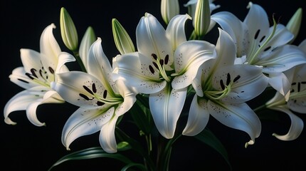 Fototapeta premium The image showcases a stunning composition of white lilies in full bloom, adorned with delicate petals, dark stamens, and fresh green buds, highlighting their natural beauty.