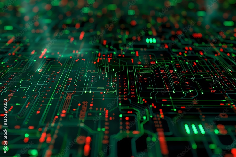 Poster glowing green and red circuit board paths create futuristic technology pattern with depth of field e
