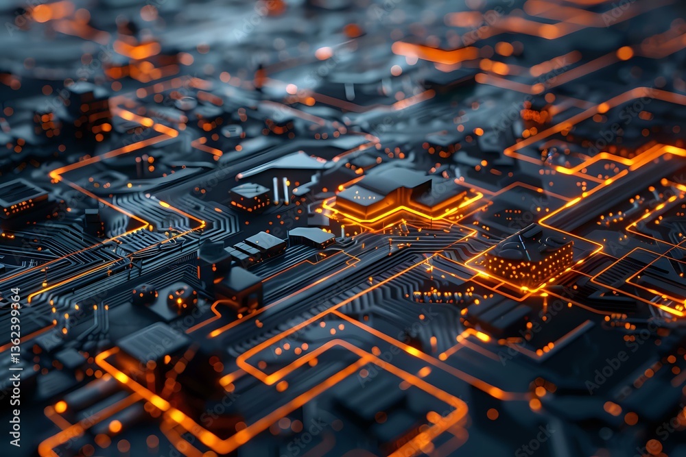 Poster glowing orange circuit paths on dark microchip surface create futuristic technology pattern with dep