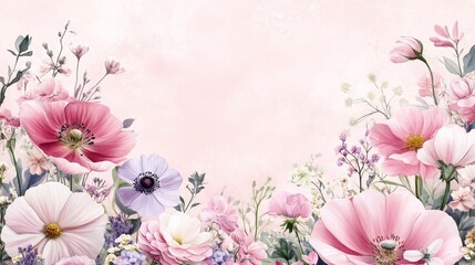 Fototapeta premium Gentle Watercolor Floral Background, Delicate Wildflowers And Herbs On A Pastel Pink Backdrop