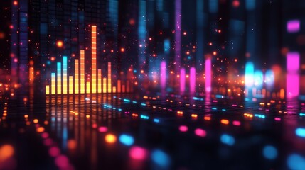 A high-definition 3D equalizer with neon-colored bars floating in space, dynamic movement