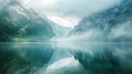 Fototapeta premium A serene lake surrounded by mountains, fog rolling over the water, calm and serene environment 