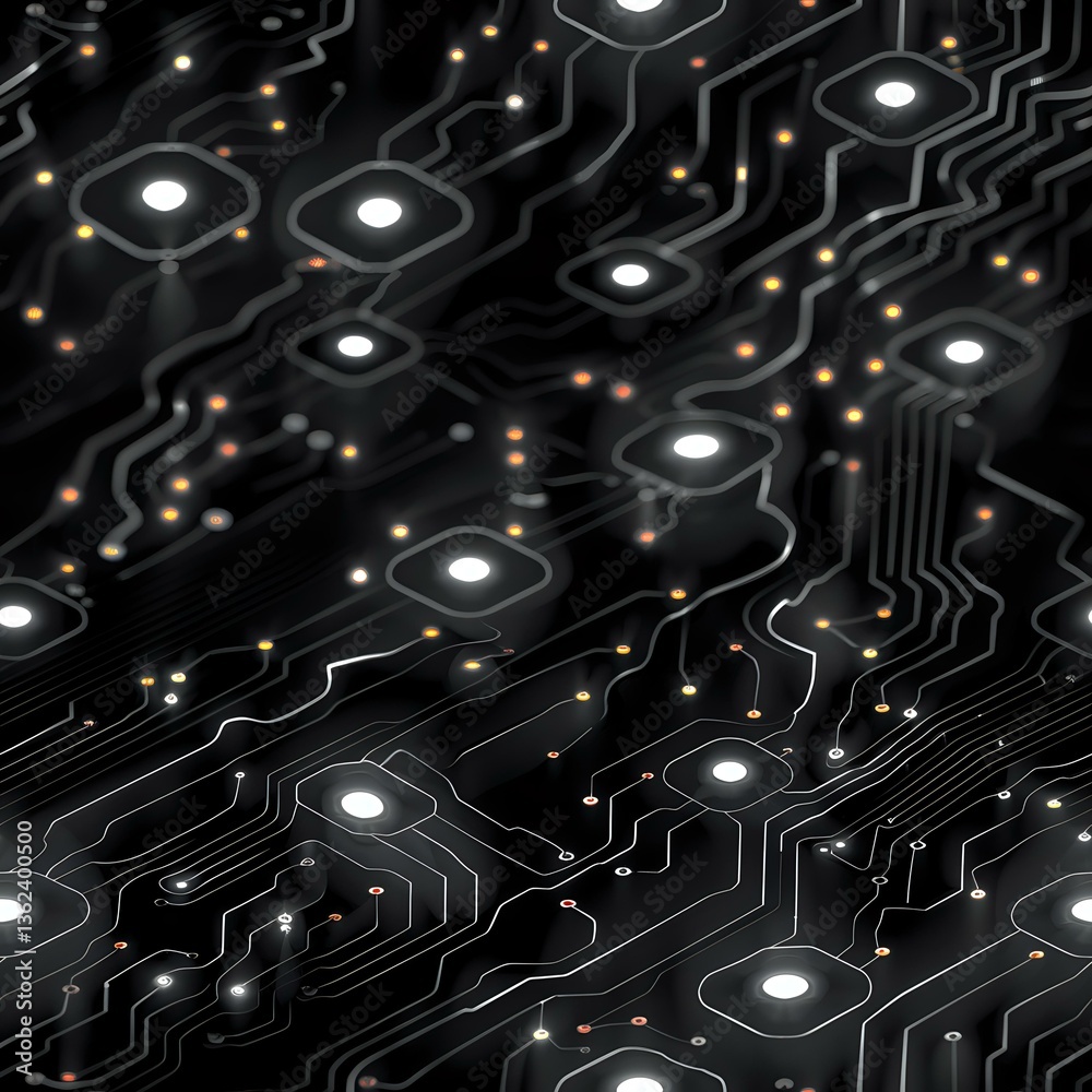 Poster glowing circuit board pattern with illuminated nodes and connecting pathways on dark background, cre