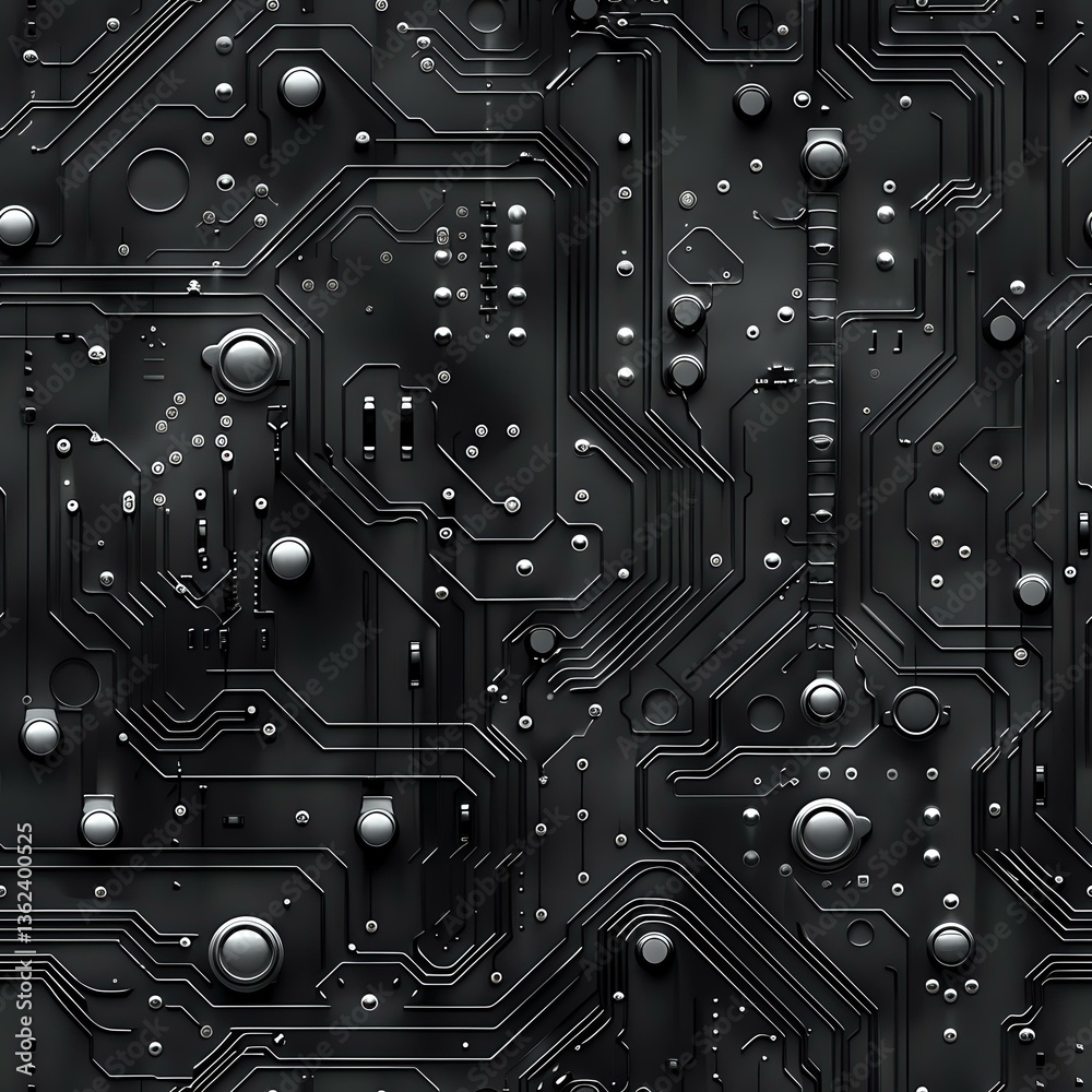 Poster dark circuit board pattern with metallic components and intricate pathways creating modern tech back