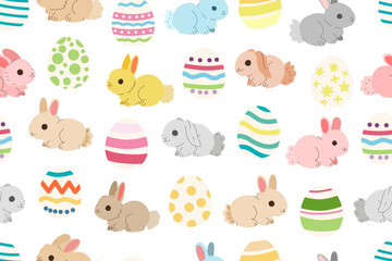 Easter eggs and bunny seamless pattern. Cute painted Easter eggs pattern background. Stock vector holiday illustration on white background.