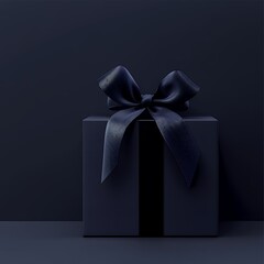 Dark blue gift box with satin ribbon, elegant present on dark background, ideal for luxury product promotion