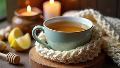 Fototapeta premium Wholesome ceramic mug of hot lemon ginger tea wrapped in a soft knitted blanket, with fresh ginger, lemon wedges, and a honey dipper, warm candlelight in the background for a comforting atmosphere