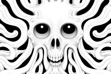 Black and white horror themed abstract skull illustration with wavy tentacle like distortions and scary expression showing intense emotion and surreal psychological nightmare composition