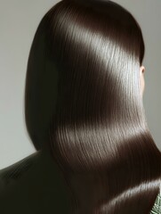 Fototapeta premium Back view of glossy straight brown hair showing smooth texture and shine against neutral background, demonstrating professional hair care results.