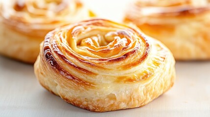 Close-up of golden-brown, flaky pastries, resembling small, round roses, with a slightly glossy surface.  A delicate, light-yellow hue