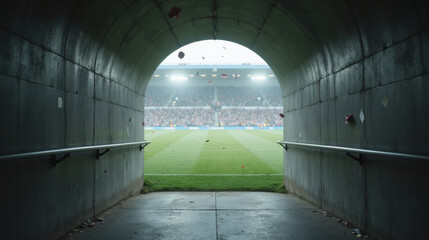 tunnel view leading to vibrant football stadium, filled with excitement and anticipation