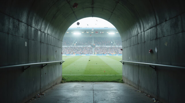 Fototapeta tunnel view leading to vibrant football stadium, filled with excitement and anticipation