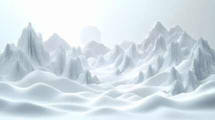 A serene all-white abstract landscape with textured mountain peaks rolling hills and a distant sun evoking a sense o