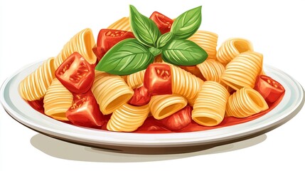 A plate of pasta with tomato sauce and fresh basil leaves pic