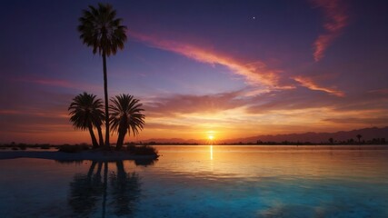 A serene sunset over water, framed by palm trees and colorful clouds.