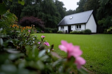 In a serene rain-soaked scene, delicate pink flowers bloom in front of a charming white house, encapsulating a sense of peace and tranquility in nature.