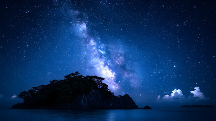 Naklejka premium A serene night scene of a dark island silhouetted against a backdrop of a star-filled sky with the Milky Way glowing in