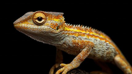 Obraz premium A stunning lizard rests gracefully on a textured rock, displaying a mesmerizing blend of orange and yellow hues. Its scales shimmer under soft light, creating a captivating sight in nature