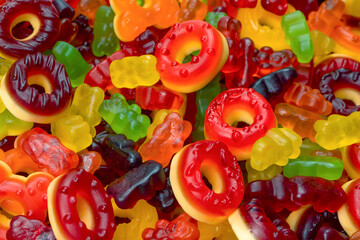Assorted colorful gummy candies. Jelly donuts. Jelly bears.
