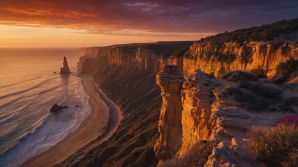 Fototapeta premium A stunning coastal sunset illuminating cliffs and ocean waves.