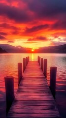 Fototapeta premium Wooden dock stretches across tranquil water towards a beautiful sunset