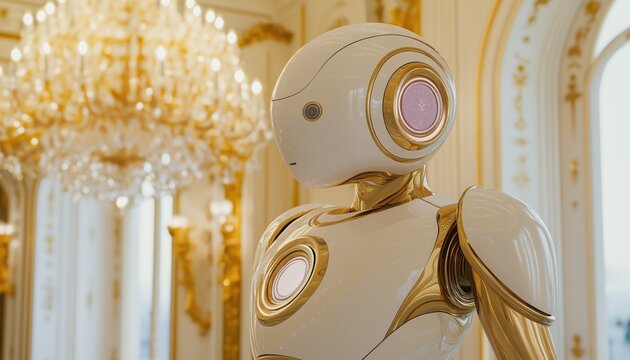 Futuristic Robot Waiter in Luxurious Gold Palace Setting AI Technology
