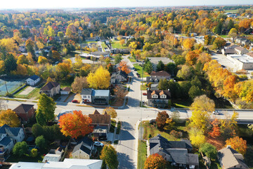 Aerial scene of Fergus, Ontario, Canada in colorful autumn