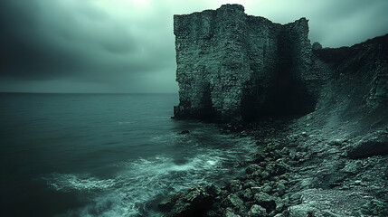 A stone structure stands tall by a moody sea waves crashing on the rocky shore under a cloudy sky all in monochrome