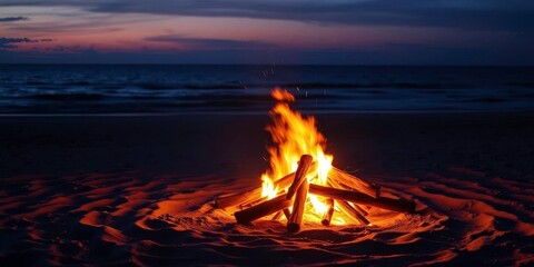 Embers glow on a sandy beach at twilight, bonfire casting warm light, darkness, beach