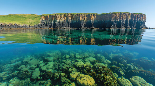 A stunning split view captures a cliff with columnar basalt above reflecting in the turquoise water with rocks and seaw