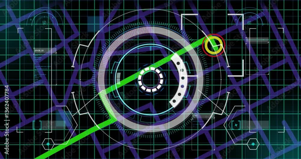 Poster animation of futuristic digital interface with circular patterns and green lines