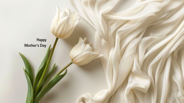 Celebrate motherhood with a heartfelt greeting card featuring elegant white tulips and flowing fabric