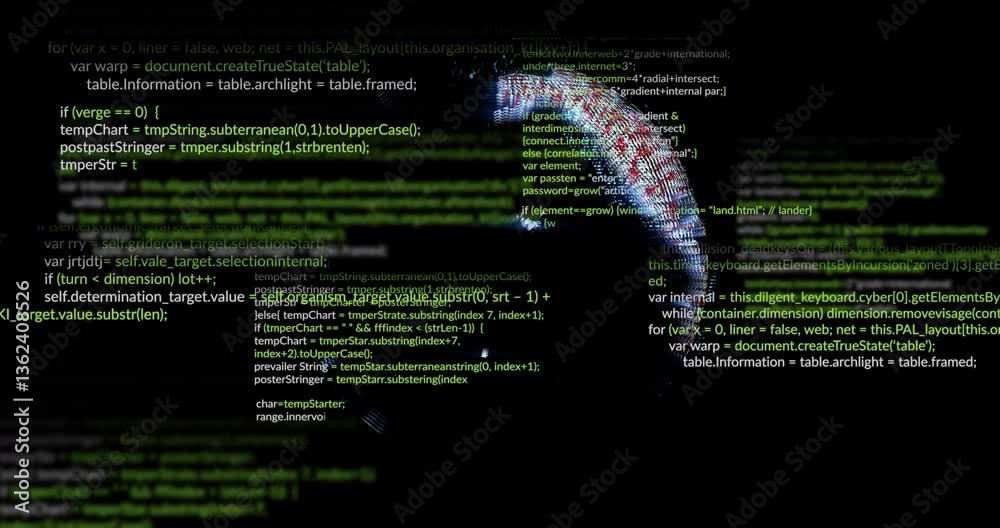 Poster green programming code surrounding globe, representing cybersecurity in digital animation