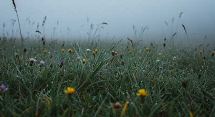 Misty Meadow Wildflowers Soft Light. AI Generated