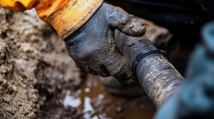 A close-up of a worker&acirc;&euro;&trade;s hand holding a plastic pipe connector, preparing to fix a leaking drainage pipe. 