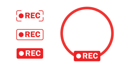 Record streaming red icon set. Recording buttons and symbol. live record any video, voice png and vector illustration on transparent background