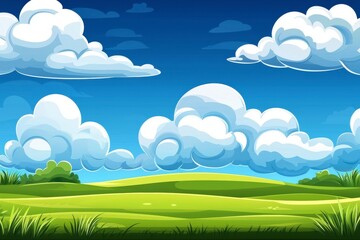 Obraz premium Nature scene with lush green fields and fluffy clouds under a bright blue sky outdoor landscape vibrant daylight