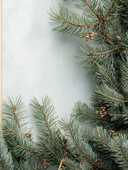 Obraz premium Festive evergreen branches frame a light-blue background, perfect for holiday cards or social media