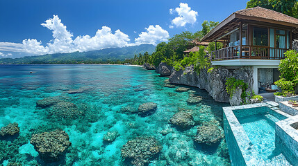 Obraz premium A tranquil tropical scene featuring a house on cliffs over turquoise water with visible coral and a beach line under a b