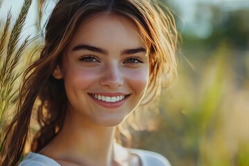 Cheerful young woman smiling in a sunlit meadow during golden hour
