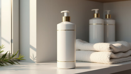Detergent bottle mockup with towels and plant on shelf