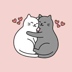 A cute illustration of two cats, one white and one gray, hugging each other in a loving pose