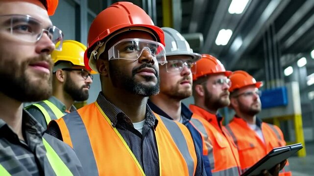 Diverse engineers and workers conduct a safety briefing near industrial equipment, ensuring workplace safety and collaboration.