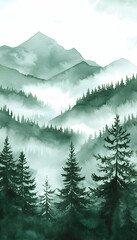 Fototapeta premium Serene watercolor landscape featuring misty mountains and lush evergreen trees in soothing green tones -
