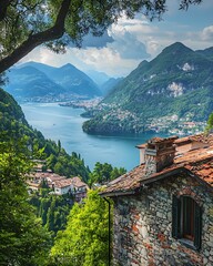 Breathtaking view of Lake Lugano surrounded by mountains and charming houses on a clear day in Italy
